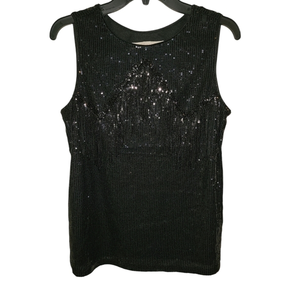 Good Days Only size small Black Sequin Sleeveless Top with fringe on front - Picture 1 of 9